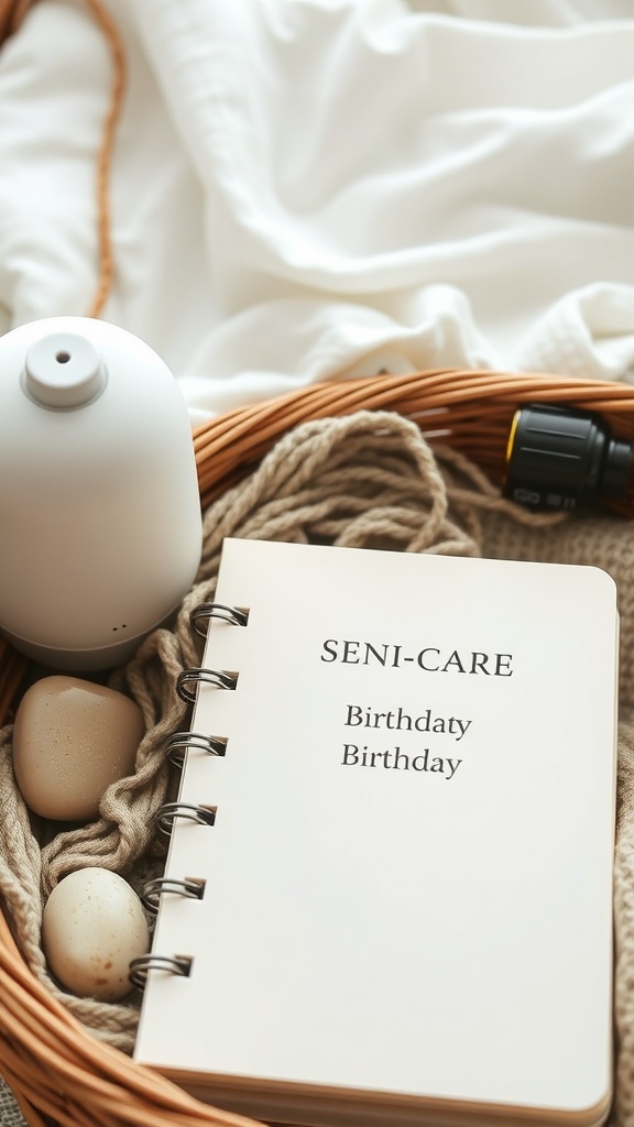 6 Essential Items for the Perfect Self-Care Birthday Basket A cozy birthday basket featuring a diffuser, a notebook, and smooth stones for relaxation and mindfulness.