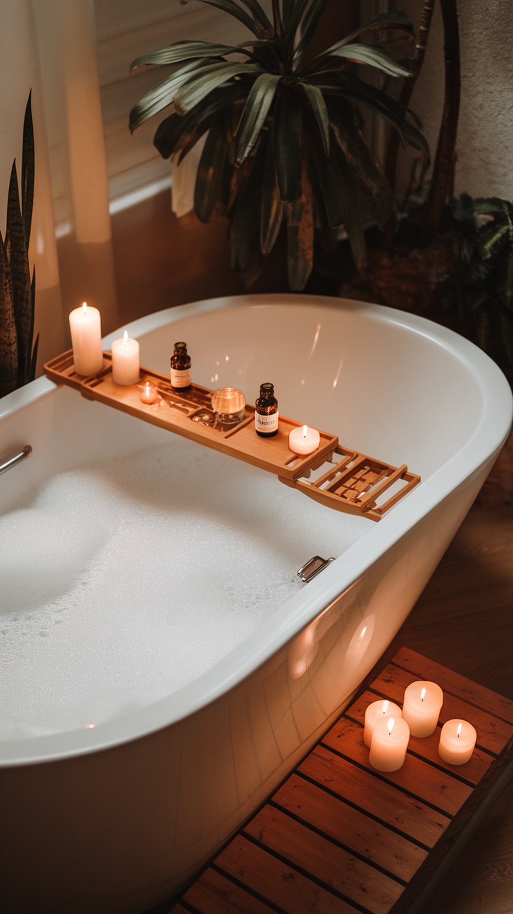 A cozy bath setup with candles, essential oils, and a wooden bath tray.