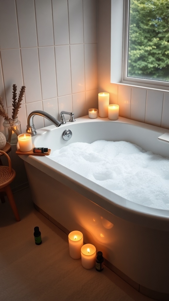 A cozy bathroom with a bubble-filled tub surrounded by candles.