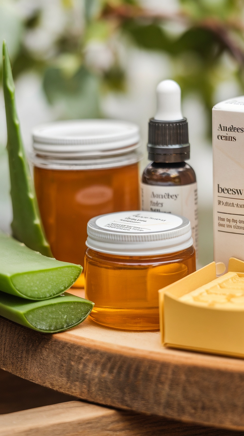 8 Ultimate Self Care Menu Ideas for a Relaxing Day A collection of natural skincare products including aloe vera, honey, and oils arranged on a wooden surface.
