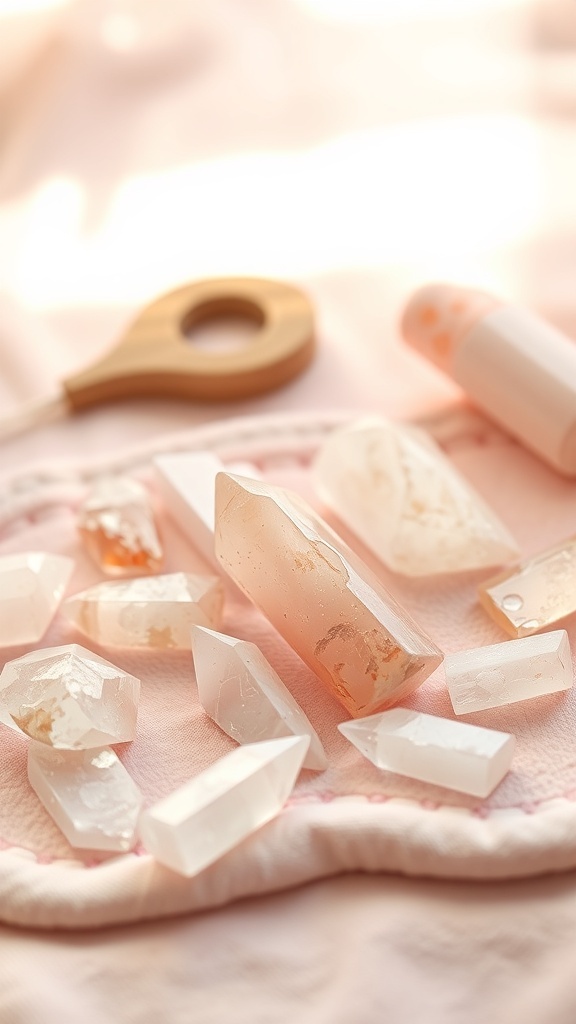 A collection of rose quartz crystals on a soft surface, showcasing their beautiful pink hues.