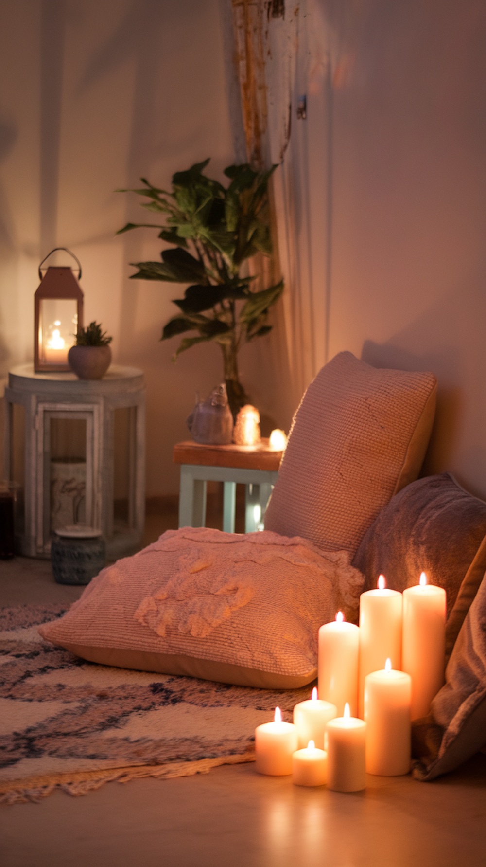 12 Essential Self-Care Products for Your Hygiene Routine A cozy setting with scented candles and cushions for relaxation.