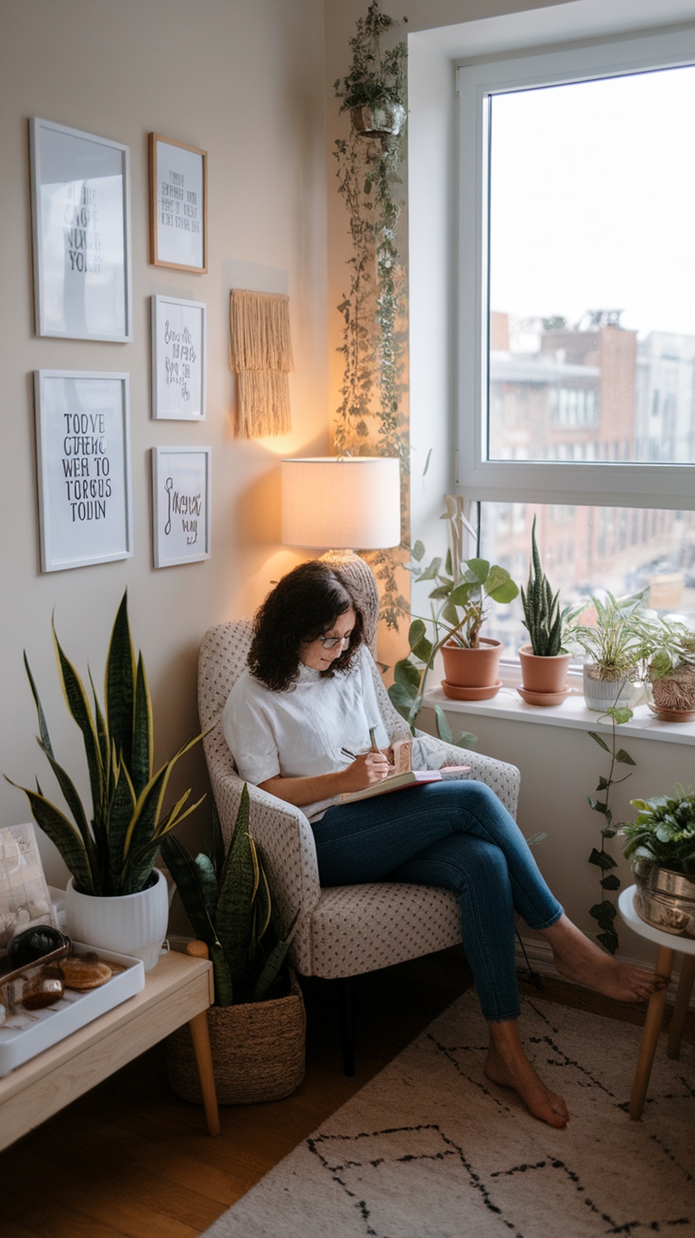 A person sitting in a cozy chair, writing in a notebook surrounded by plants and warm lighting.