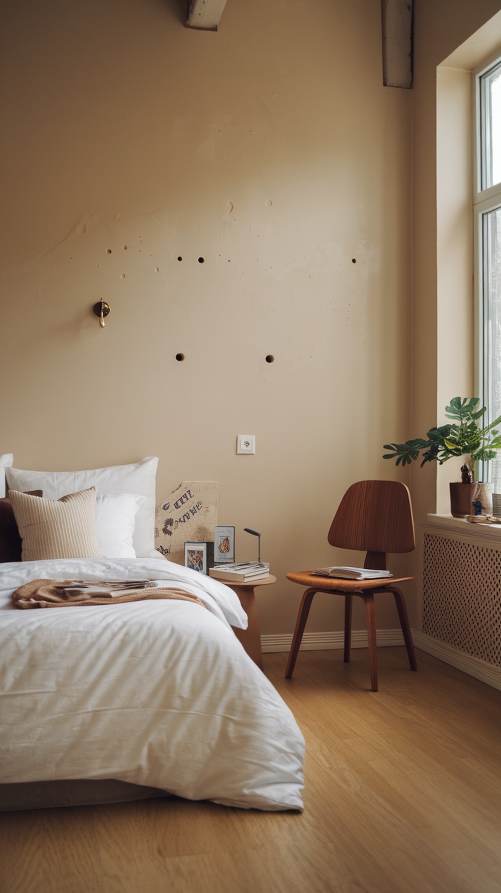 A cozy bedroom with a neatly made bed, warm lighting, and a touch of greenery.