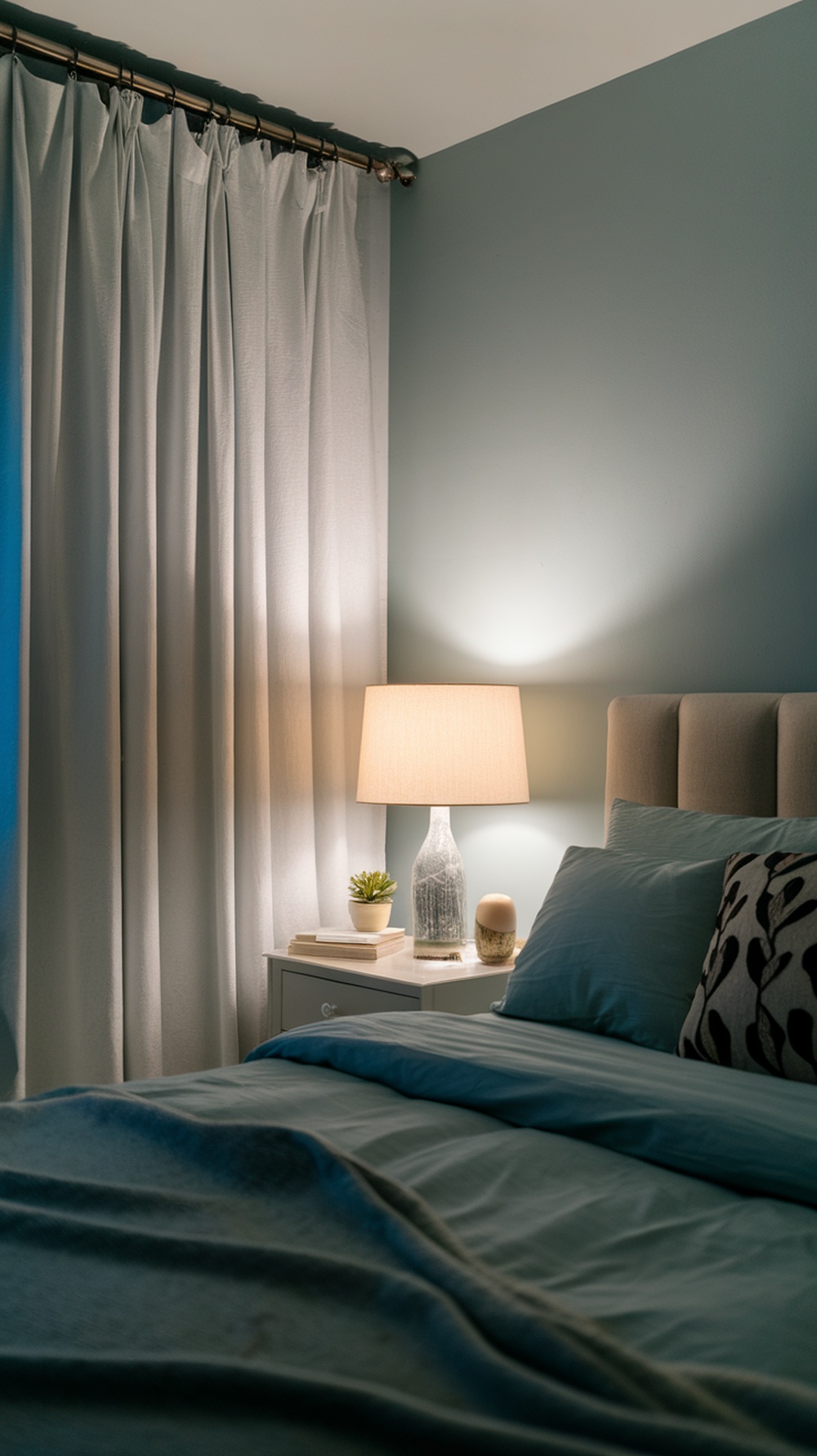 A cozy bedroom with soft lighting, a neatly made bed, and decorative elements.