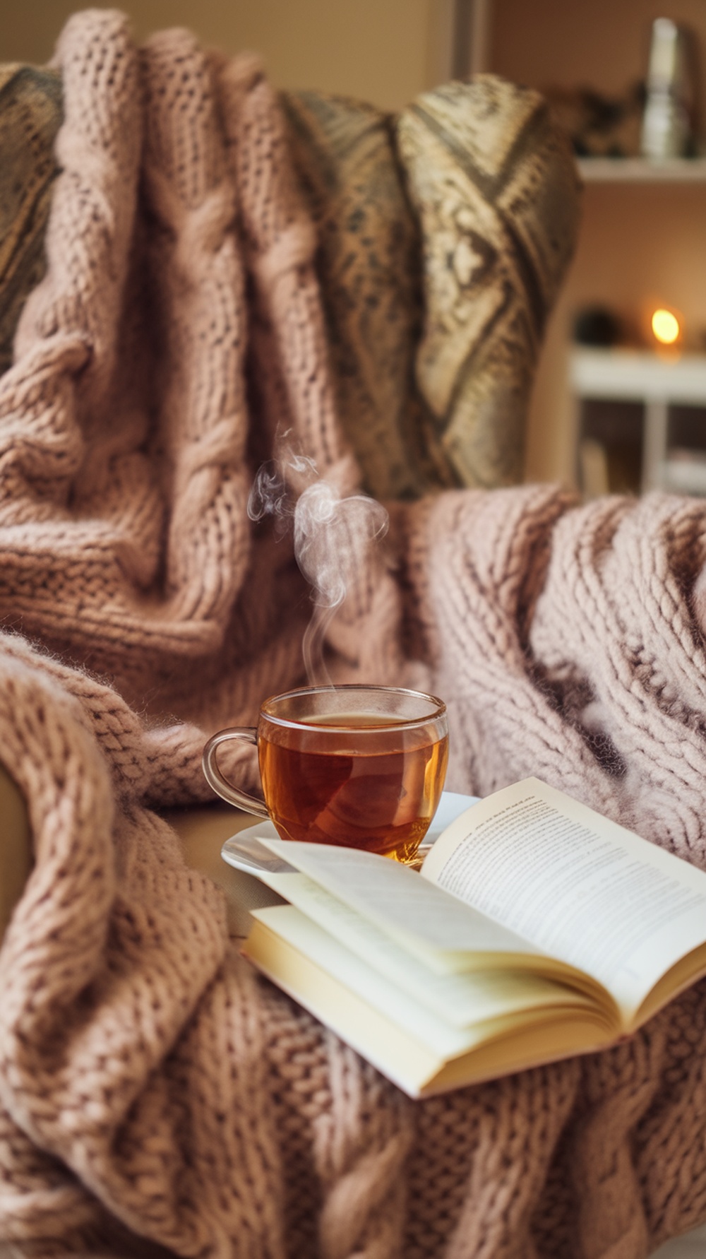 A cozy scene featuring a soft pink blanket draped over a chair, a steaming cup of tea, and an open book.