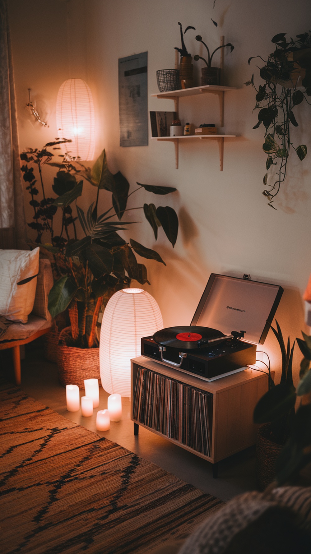 A cozy room with a record player, soft lighting, and plants, perfect for a self-care aesthetic night.
