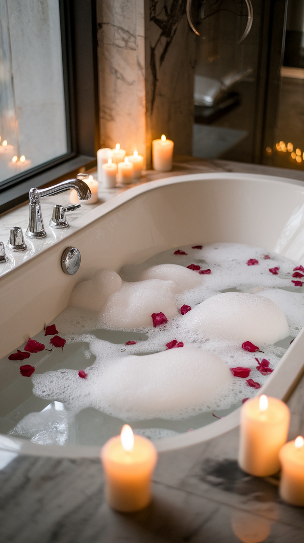 8 Ultimate Self Care Menu Ideas for a Relaxing Day A relaxing bath with bubbles and rose petals surrounded by candles