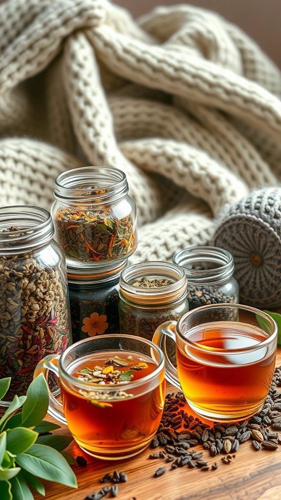 Two cups of herbal tea surrounded by jars of herbs and spices on a wooden table with a cozy blanket in the background.