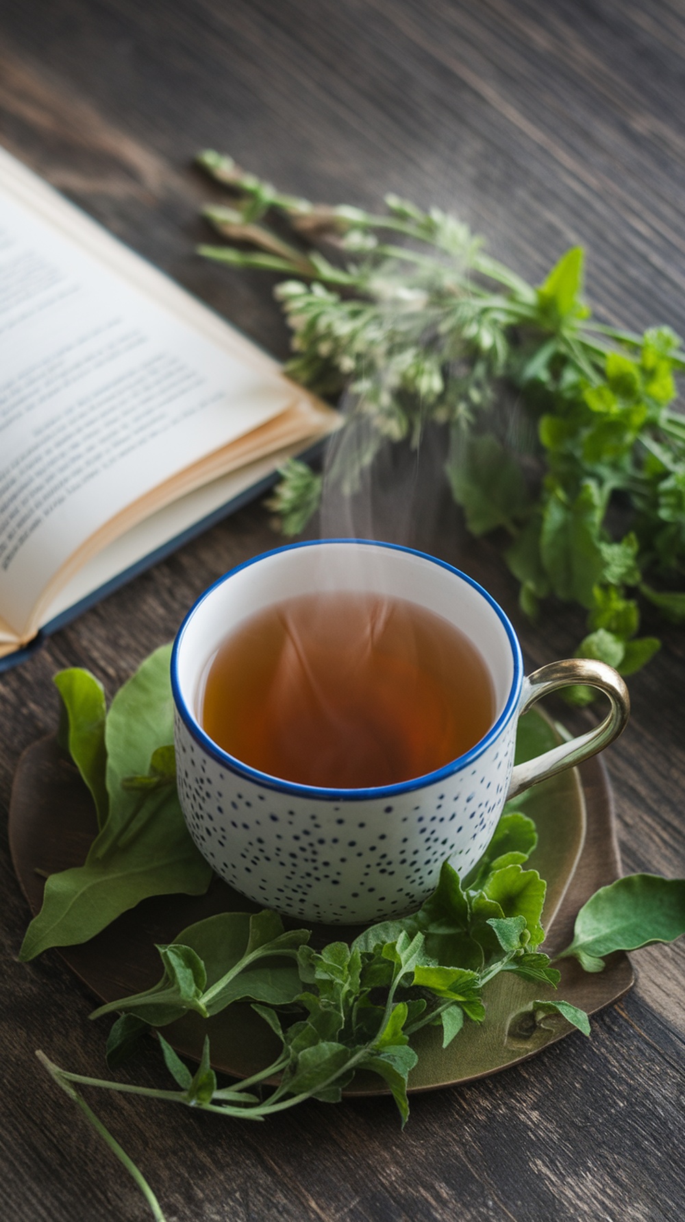 A steaming cup of herbal tea surrounded by fresh herbs and a book on a wooden table.