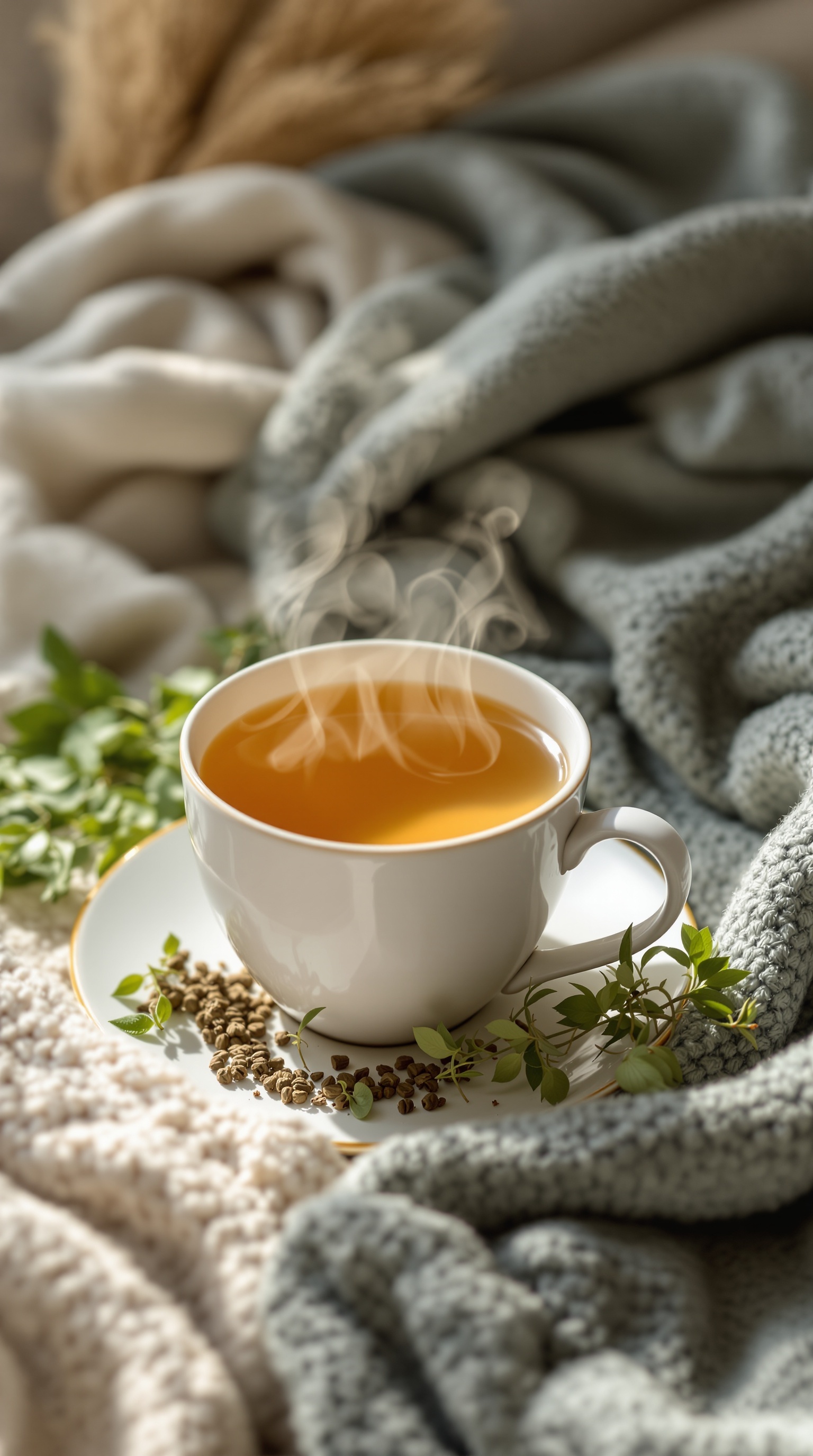 A steaming cup of herbal tea surrounded by cozy blankets and greenery.