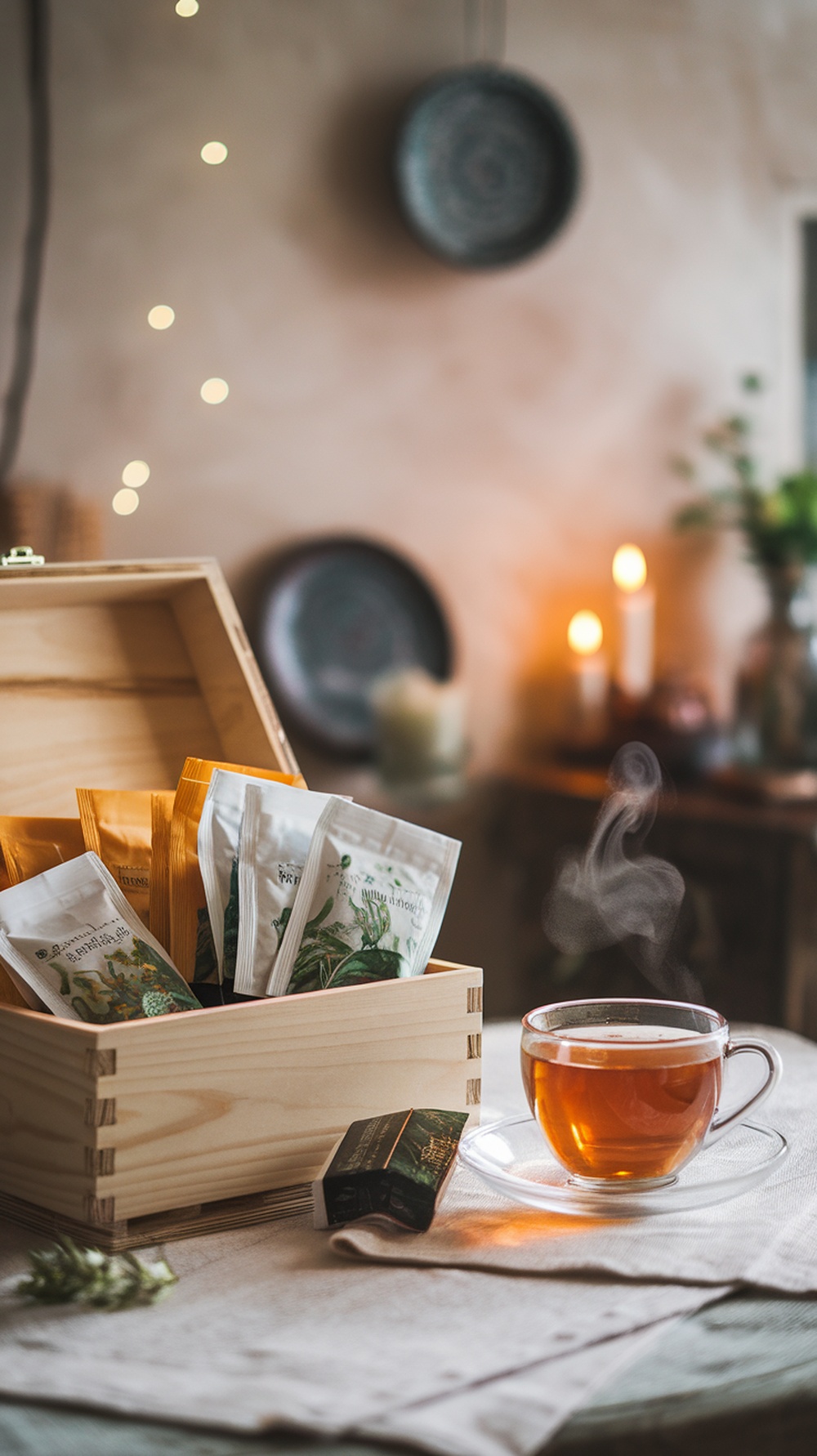 A cozy setup featuring a wooden box of assorted herbal tea bags and a steaming cup of tea.