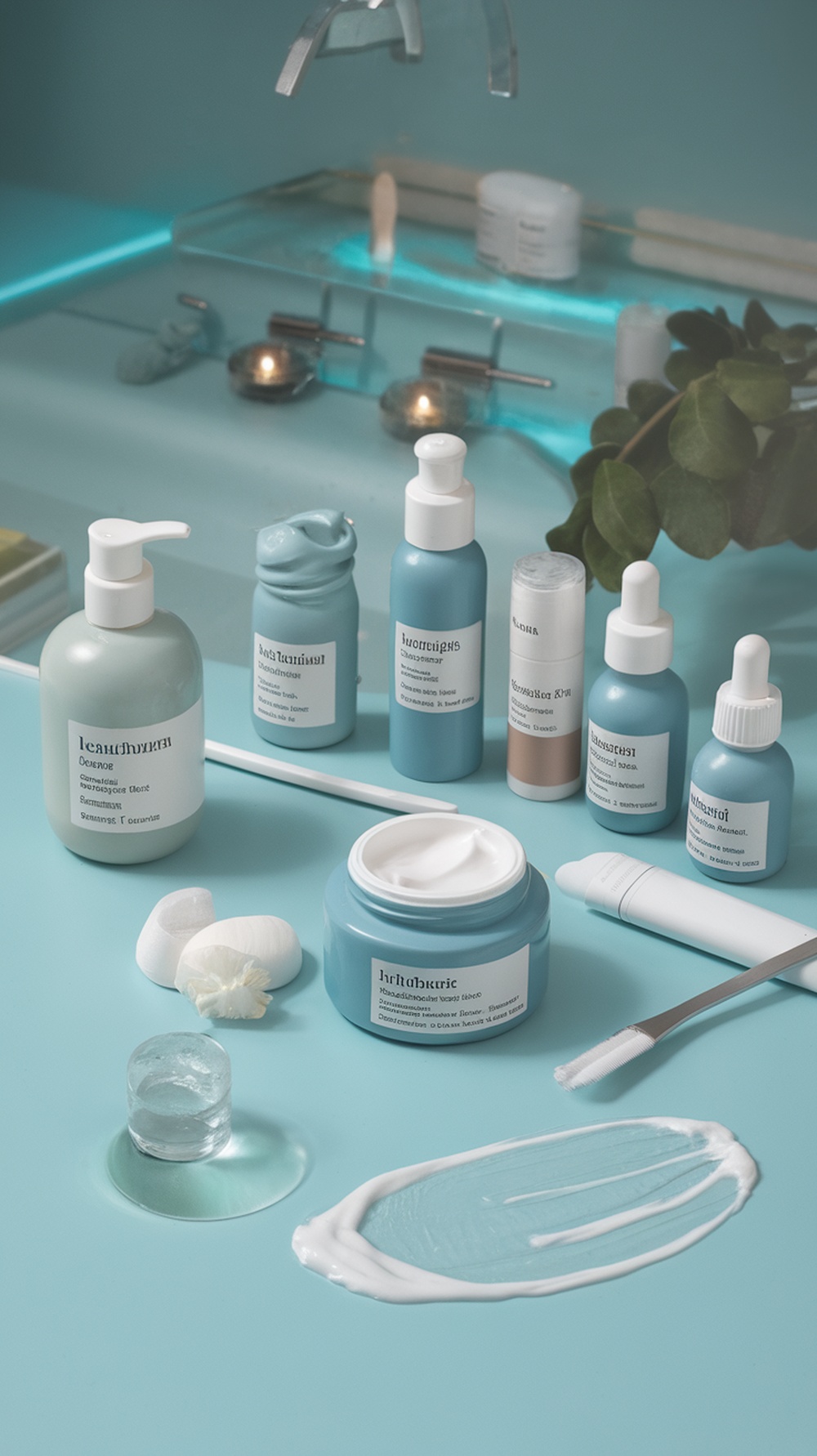 A collection of soothing skincare products arranged on a blue surface, showcasing a calming self-care aesthetic.