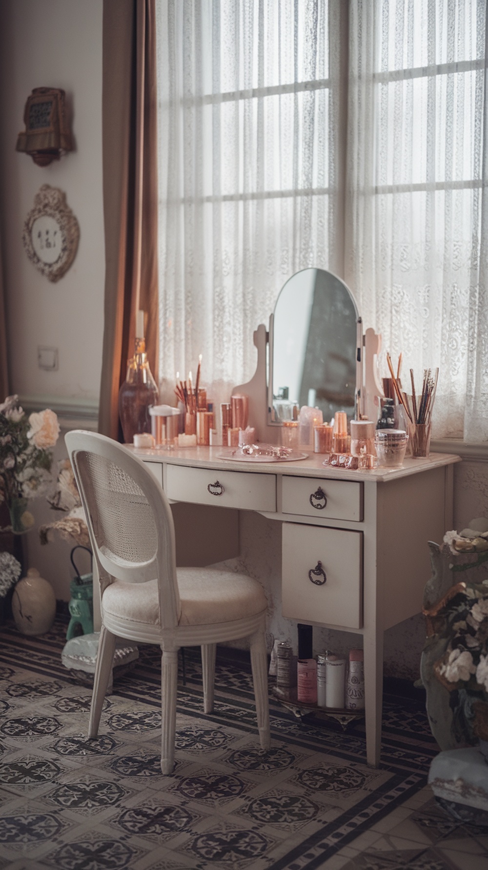 A stylish self-care station featuring a vanity with beauty products and soft lighting