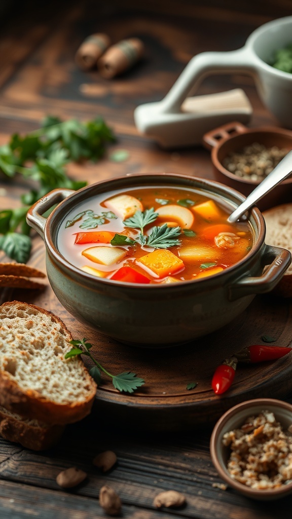 A bowl of colorful vegetable soup with bread on the side, surrounded by fresh herbs and spices.