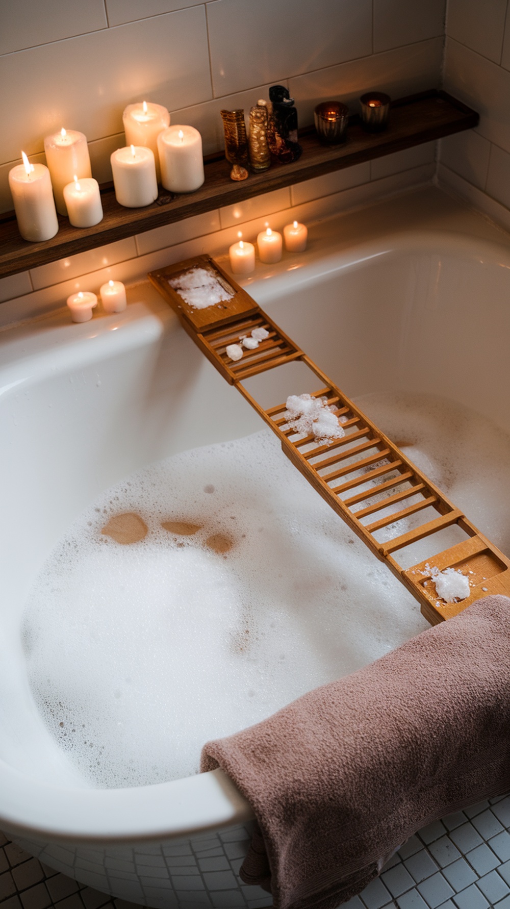 A cozy bath setup with candles, bubbles, and a wooden bath tray.