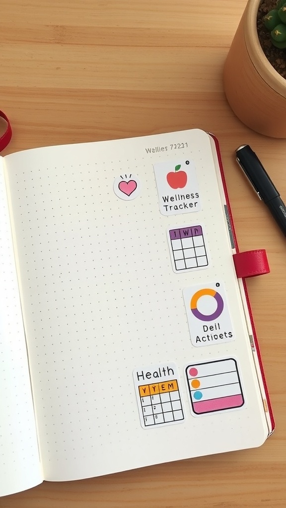 A bullet journal page featuring wellness tracker stickers, including a heart, apple, and health-related graphics.