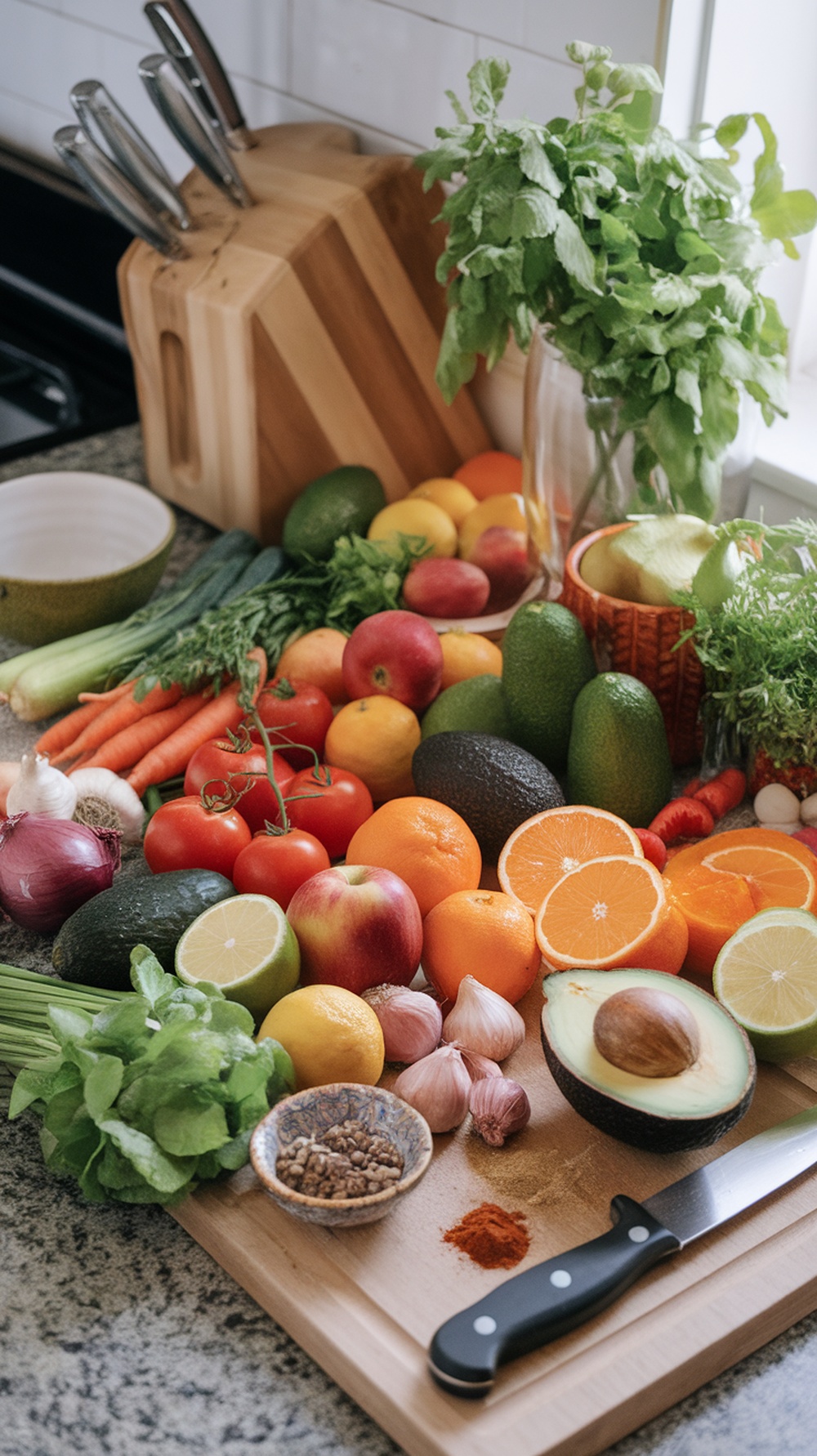 A colorful array of fresh vegetables and fruits on a kitchen counter, ready for meal prep.