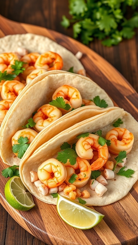 Three shrimp tacos with cilantro and lime on a wooden platter.