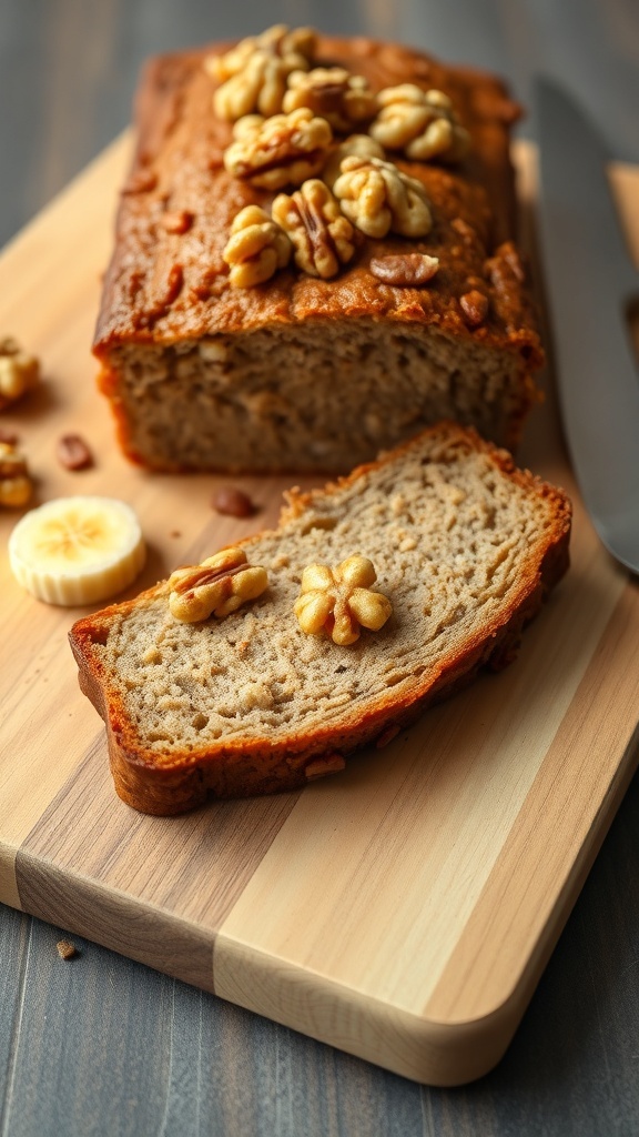 A loaf of banana bread with walnuts on top, sliced on a wooden cutting board.