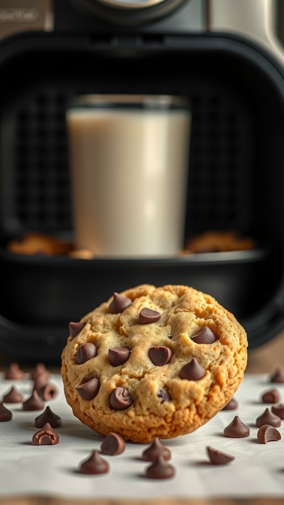 Air fryer chocolate chip cookie with chocolate chips around it and a glass of milk in the background.