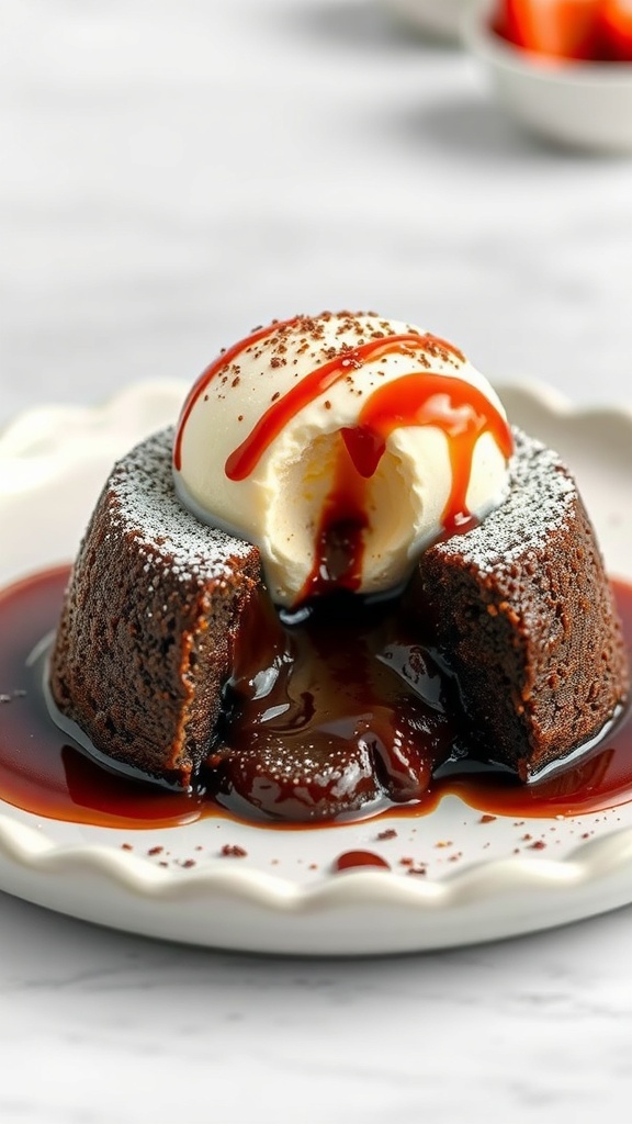 A delicious chocolate lava cake with a scoop of ice cream on top, oozing chocolate sauce.