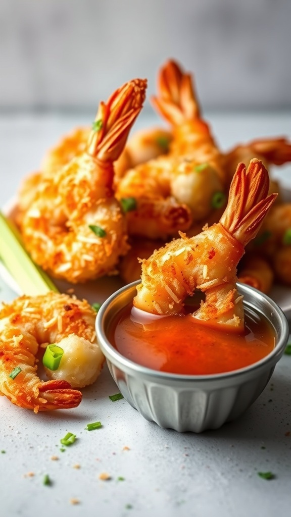 A plate of crispy coconut shrimp with a side of dipping sauce.