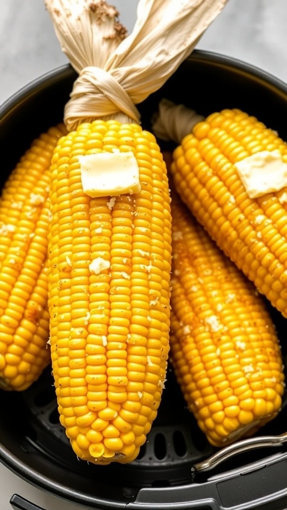 Air fryer with corn on the cob topped with butter