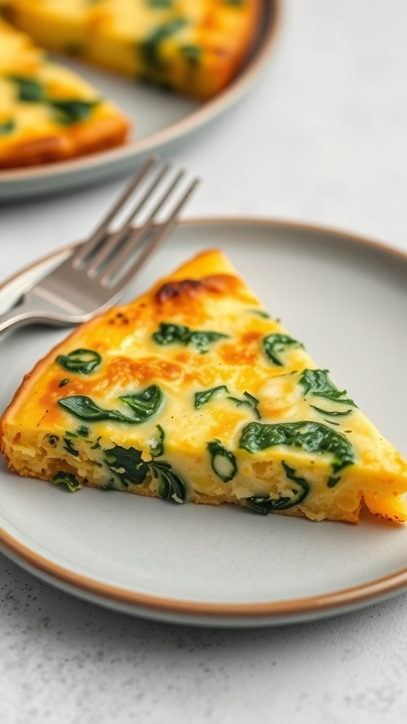 A slice of air fryer frittata with spinach on a plate, garnished with a fork beside it.