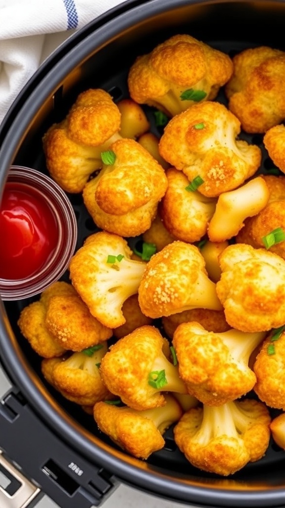 Air fryer garlic parmesan cauliflower bites served with dipping sauce.