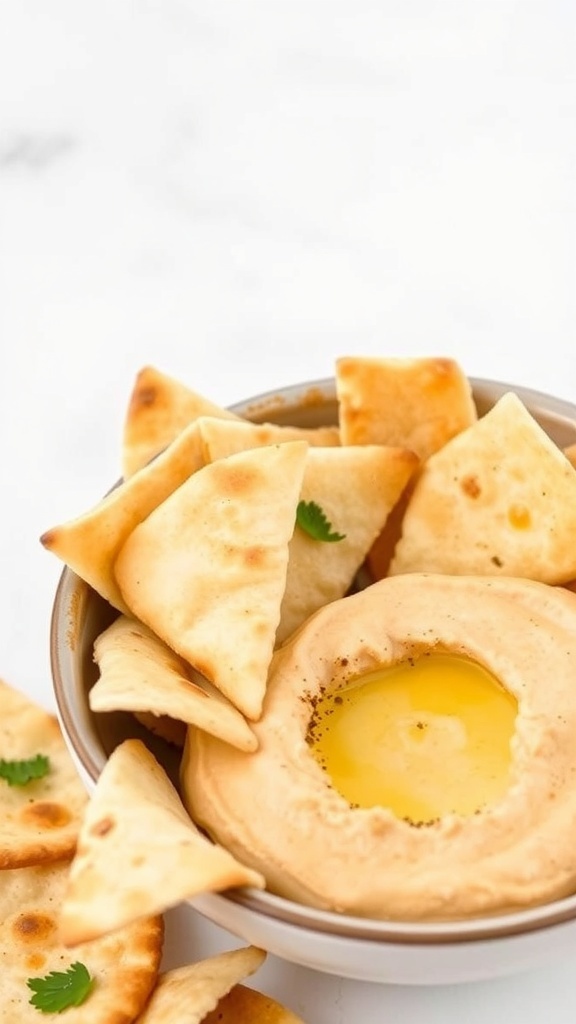 Bowl of hummus with crispy pita chips around it