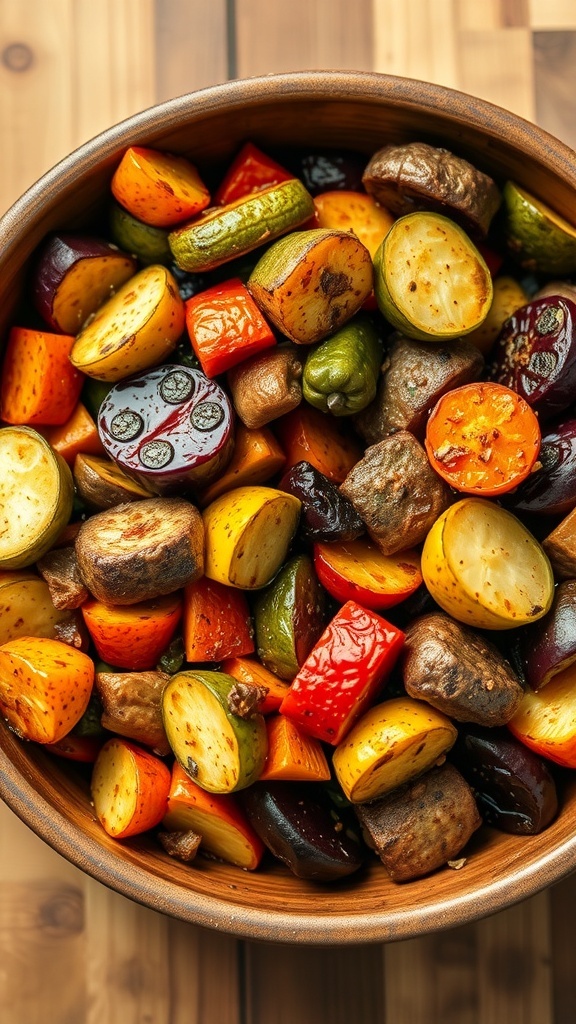 A bowl filled with colorful roasted vegetables including bell peppers, zucchini, and carrots.