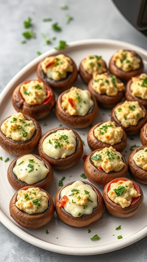 A plate of air fryer stuffed mushrooms topped with cheese and herbs.