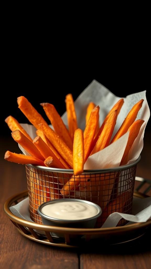 A basket of crispy sweet potato fries with a dipping sauce.