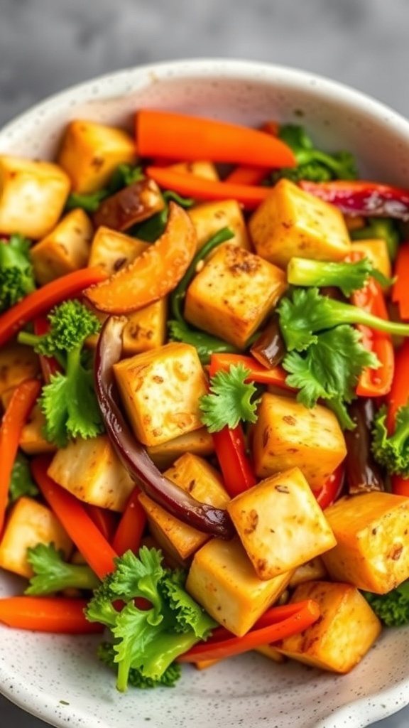 A colorful bowl of air fryer tofu stir-fry with mixed vegetables.