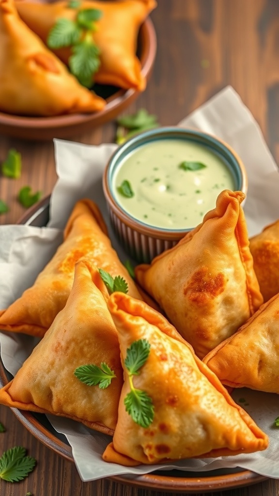 A plate of golden-brown vegetable samosas served with a green dipping sauce.
