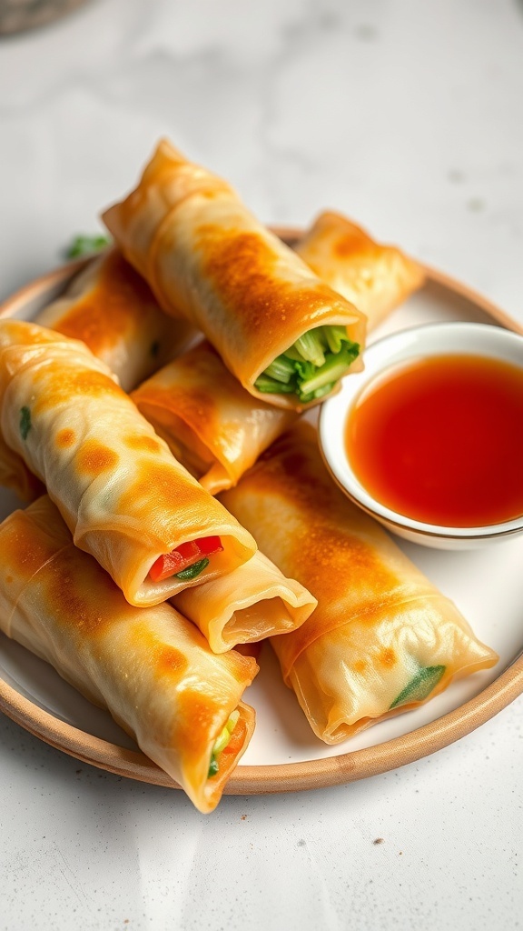 A plate of crispy veggie spring rolls served with a dipping sauce.