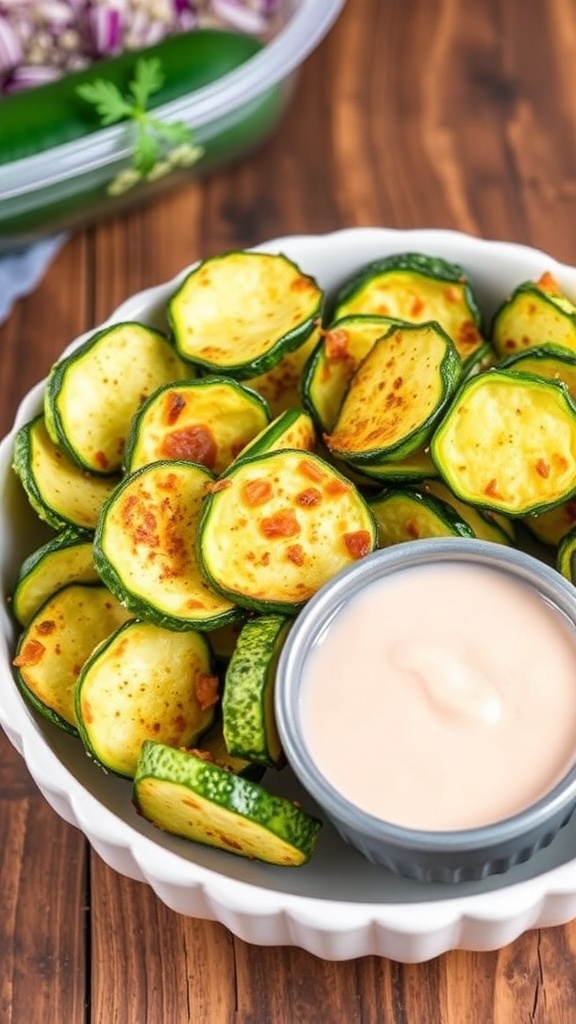 Air fryer zucchini chips served with dipping sauce