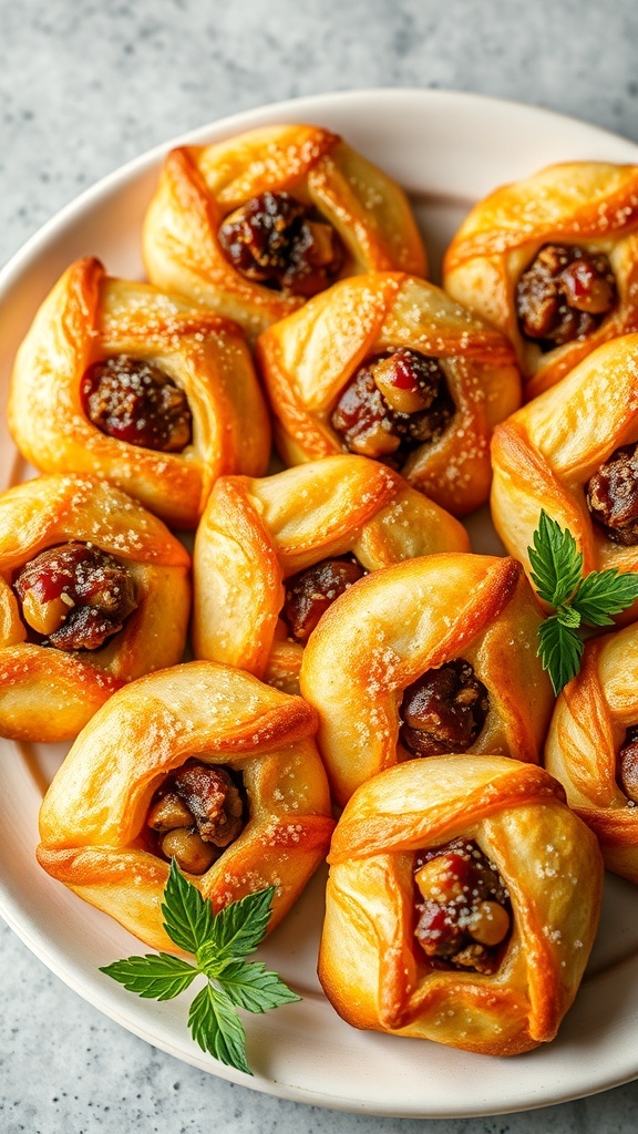 A platter of golden brown alcapurrias filled with meat, garnished with fresh herbs.