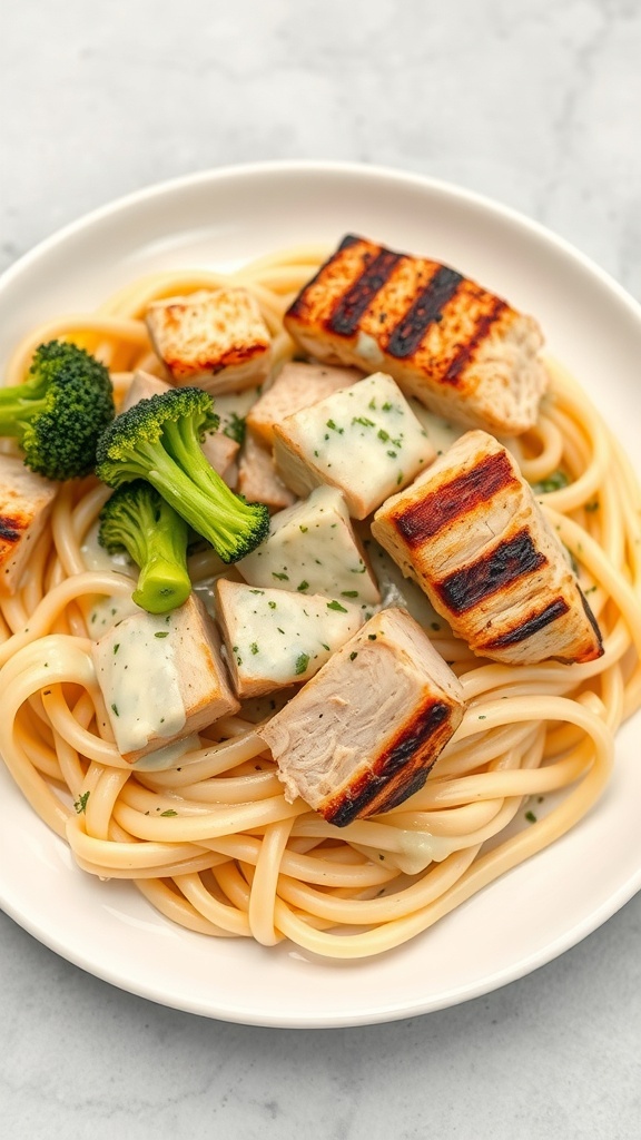 A plate of fettuccine topped with grilled chicken, broccoli, and creamy Alfredo sauce.