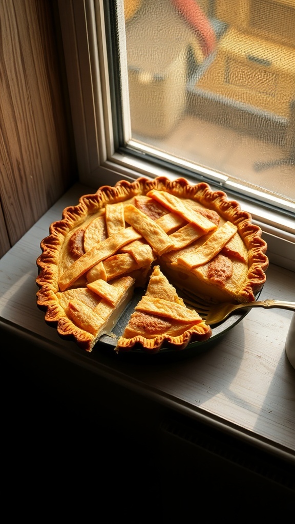 A freshly baked apple pie with a golden crust, sitting on a windowsill.