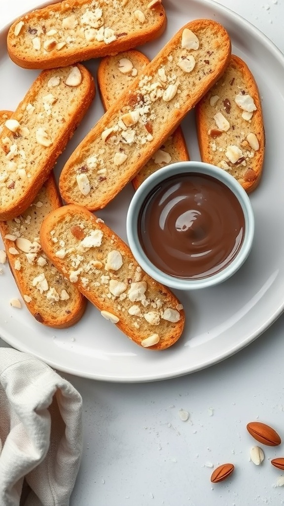 A plate of almond biscotti with slivered almonds and a bowl of melted chocolate for dipping.