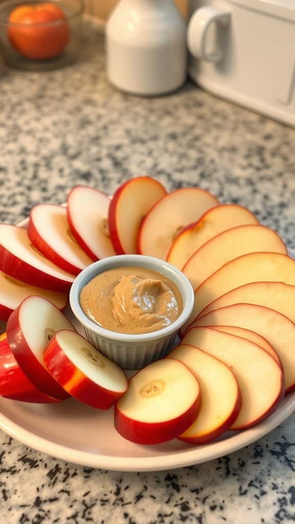 A plate of sliced apples arranged around a bowl of almond butter.