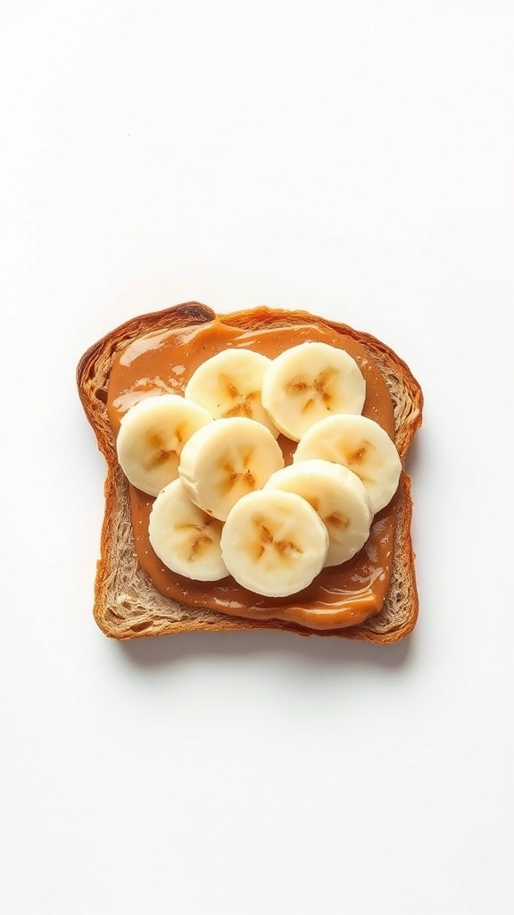 A slice of whole grain toast topped with almond butter and banana slices.