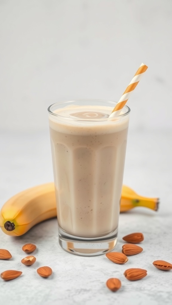 A glass of almond butter banana smoothie with a straw, surrounded by a banana and almonds.
