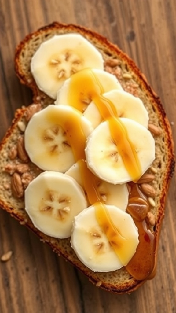 A slice of whole grain toast topped with almond butter, banana slices, and honey.