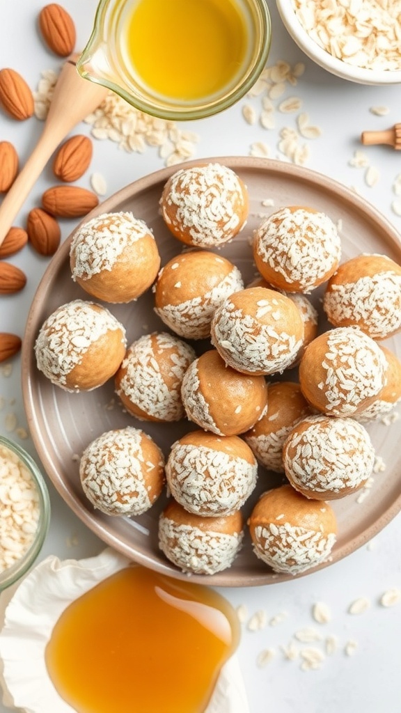 A plate of almond butter energy bites coated in coconut flakes, surrounded by ingredients like oats, honey, and almonds.