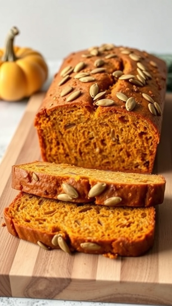 A loaf of almond flour pumpkin bread with slices cut, topped with pumpkin seeds, and a small pumpkin in the background.