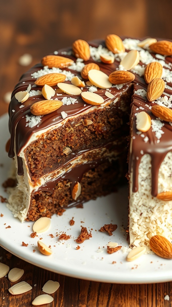 A beautifully layered Almond Joy Cake topped with chocolate ganache and almonds.