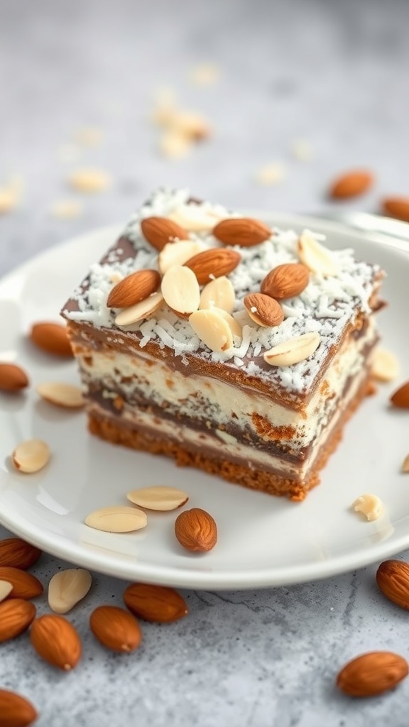 A slice of Almond Joy Cake topped with almonds and coconut on a plate